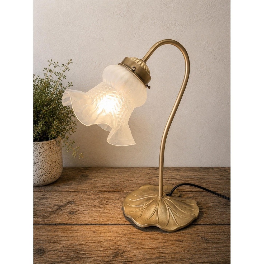 VTG Art Nouveau Gooseneck Lily Pad Desk Lamp W/ White Frosted Ruffled Shade